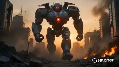 Séquence cinématographique de bataille entre une héroïne et un robot de guerre géant