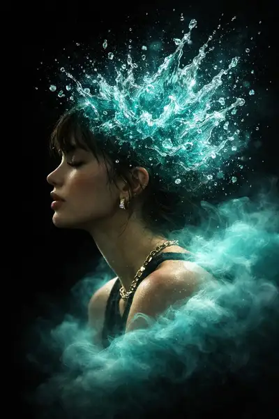 Surreal Cinematic Portrait with Turquoise Water Crown