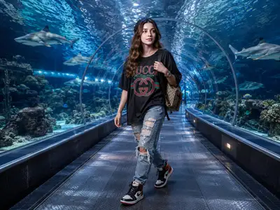 Underwater Shark Tunnel Streetstyle Portrait
