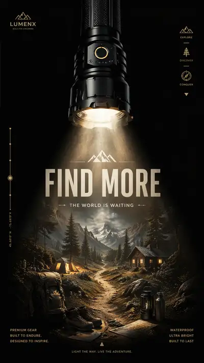 Flashlight beam revealing hidden outdoor adventures, ad concept