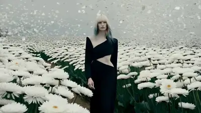 Cinematic Editorial Fashion Model in Chrysanthemum Field