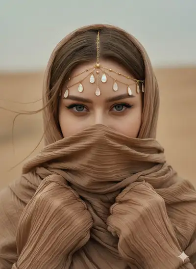 Hyperrealistic Portrait of Woman in Shawl with Tikka