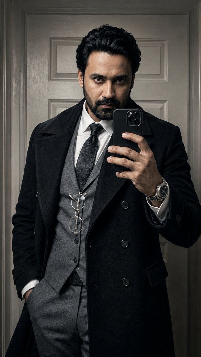 Dark academia mirror selfie in a wool overcoat and suit