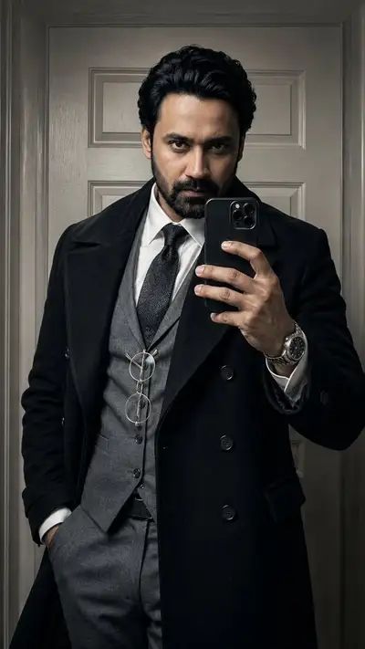 Selfie de espejo estilo dark academia con sobretodo de lana y traje