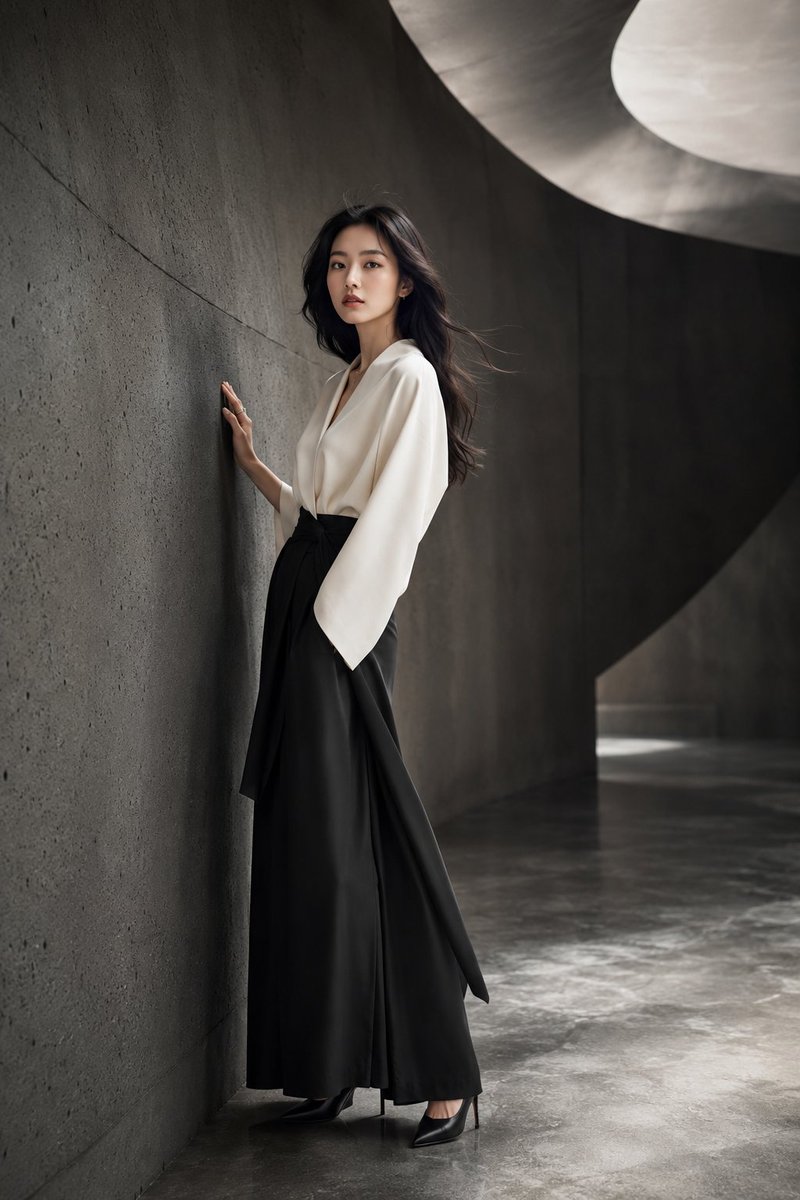 Japanese minimalist fashion portrait in a curved-concrete studio (GPT Image 2)
