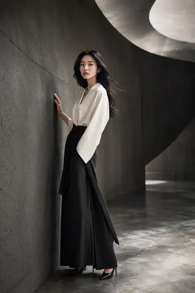 Japanese minimalist fashion portrait in a curved-concrete studio (GPT Image 2)