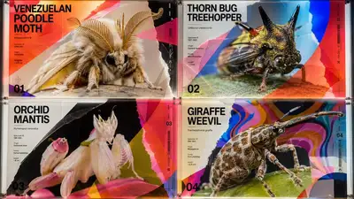 Acetat-Leuchtkasten-Poster, das konstruktivistisches Design mit echten Insekten verschmilzt