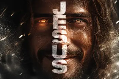 Cinematic tactical-suit poster with JESUS typography and energy