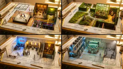 Floor plan rising into an inhabited miniature world