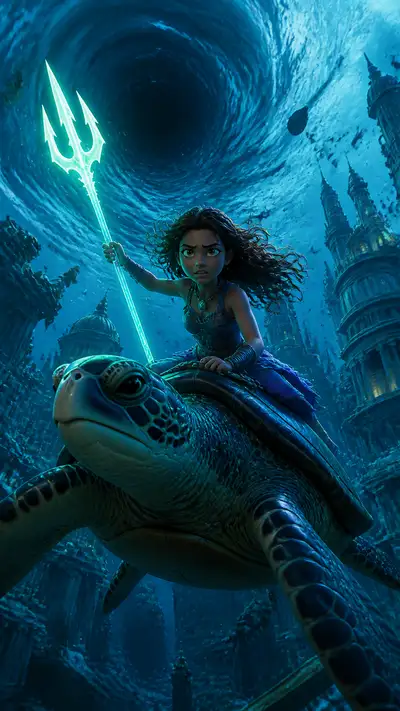 Girl Rides a Sea Turtle Through a Collapsing Underwater City