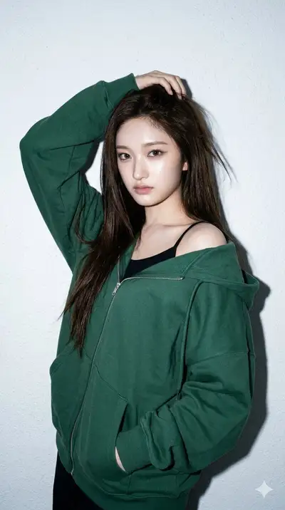 Edgy studio portrait of a woman in an off-shoulder black hoodie