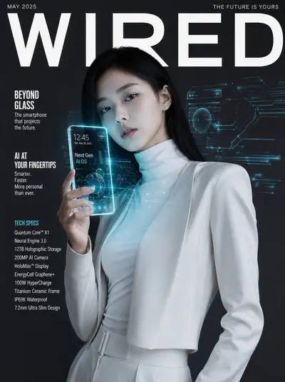 Couverture de magazine tech avec téléphone holographique futuriste