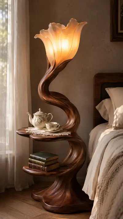 Art Nouveau wooden nightstand lamp interior photo