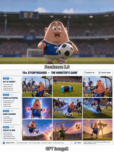 Un futbolista desvalido se convierte en héroe tras beber una bebida energética (Seedance 2.0)