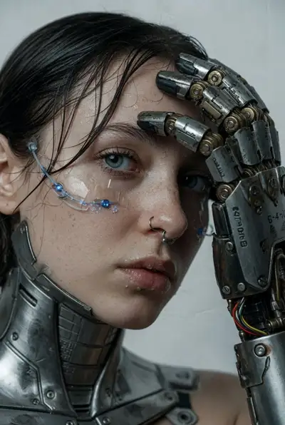 Cybernetic close-up portrait of a woman with a mechanical hand