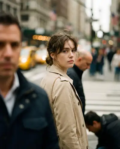 Candid documentary portrait at a busy city crosswalk