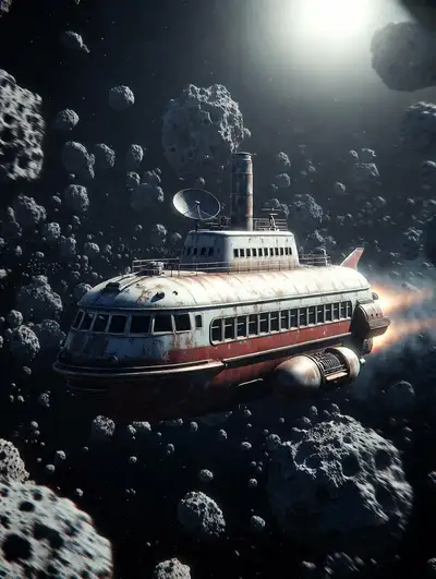 Retro-Futuristic Submarine Spaceship in Asteroid Field