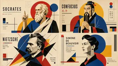 2x2 bauhaus-style poster grid of 4 famous philosophers