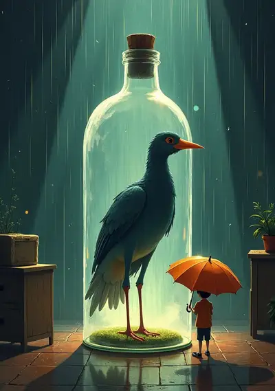 Ghibli-Stil Vogel in Flasche mit Regen