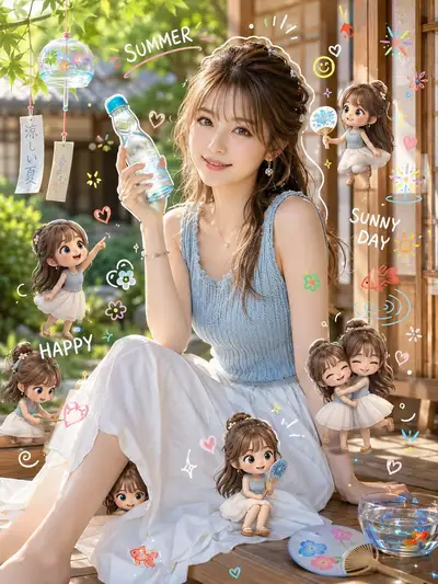 夏のベランダとミニチュアキャラクター