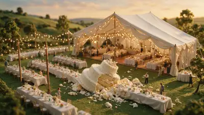 Diorama miniature de banquet de mariage avec un gâteau renversé