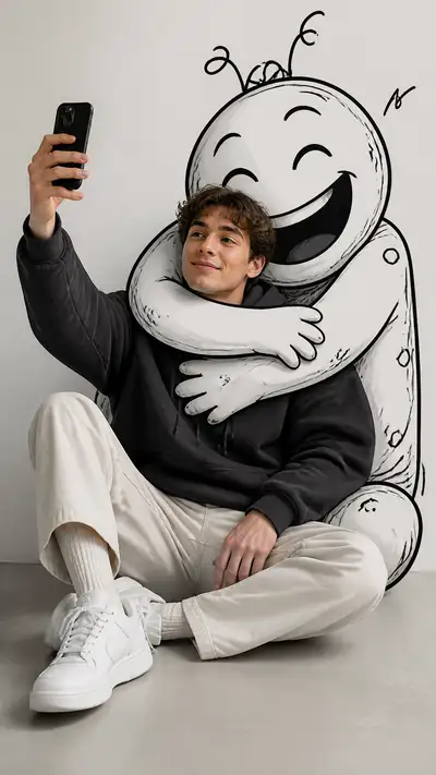 Selfie portrait with giant doodle character hug