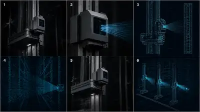 Six-panel storyboard of an automated warehouse crane system