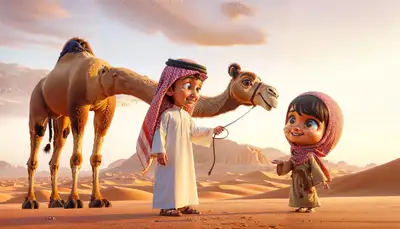 Pixar-style Saudi children with camel
