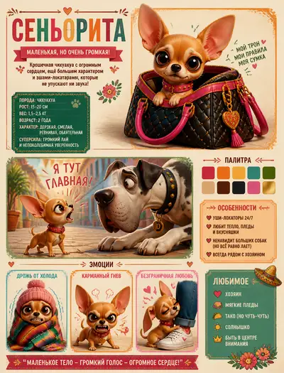 Ficha de modelo estilo Pixar de uma diminuta chihuahua