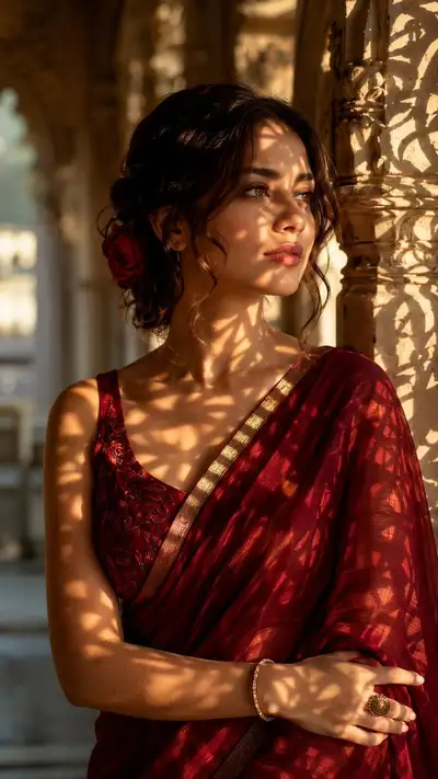 Cinematic portrait of a woman in a crimson saree at a heritage palace