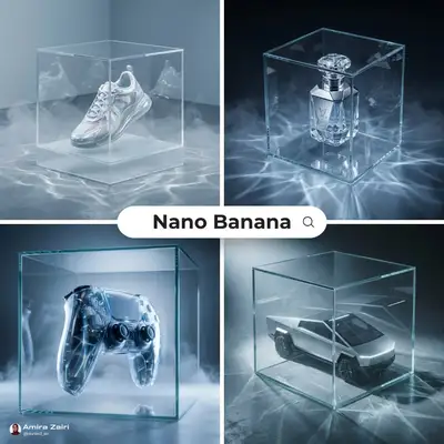 Product Inside a Transparent Caustic-Light Glass Cube