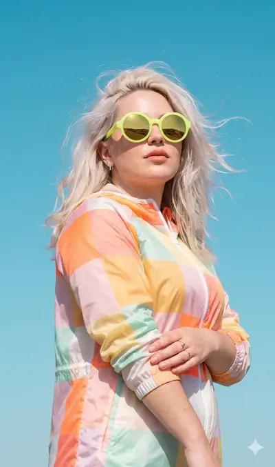 Neon color-block sportswear editorial portrait against blue sky