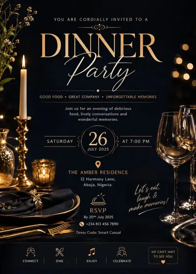 Ultra-luxury black and gold dinner party invitation poster