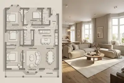 Geteilte Visualisierung von Architektur-Grundriss und Innenraumfoto