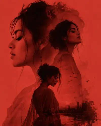 An evocative, double-exposure style digital artwork steeped entirely in rich