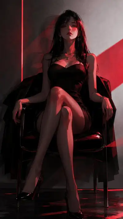 Ilustração de anime semirrealista em vermelho neon escuro