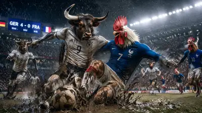 Surreal anthropomorphic bull vs rooster football tackle
