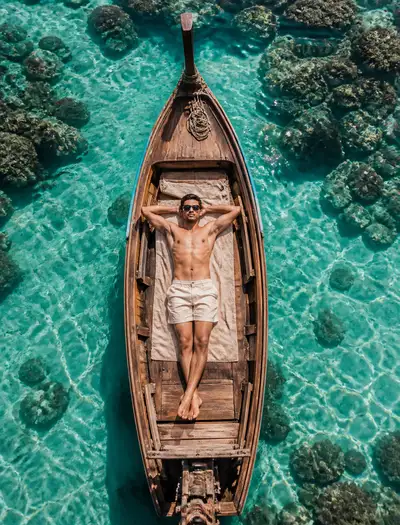 Top-down Bali boat sunbathing travel photo