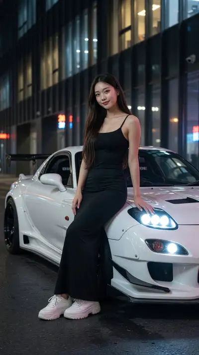 Portrait nocturne photoréaliste avec voiture de sport