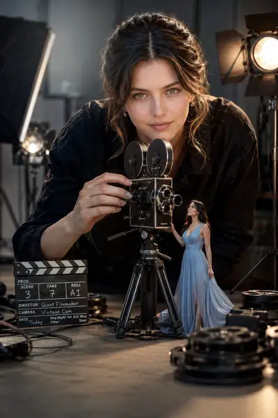 Riesige Filmemacherin stellt eine Miniatur-Vintage-Kamera am Set ein