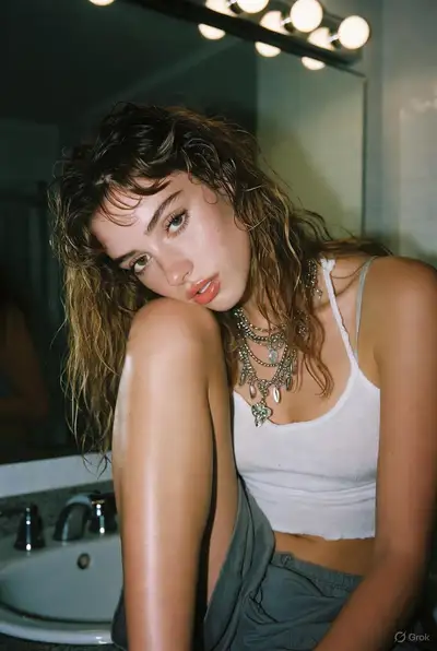 Retrato melancólico Y2K em banheiro com estética grunge dos anos 90