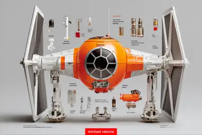 Infográfico autópsia low-poly de um TIE Fighter geométrico