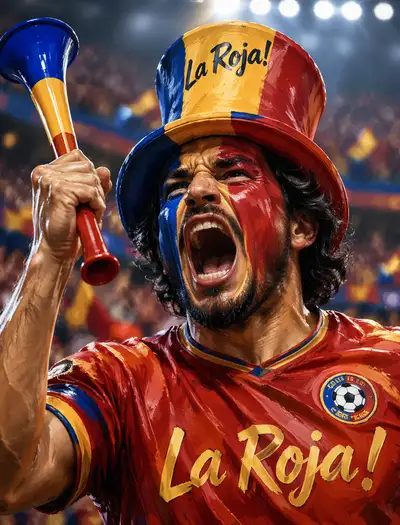 Painterly illustration of an ecstatic football fan with vuvuzela