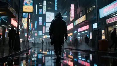 Androïde cyberpunk marchant dans une rue de la ville la nuit