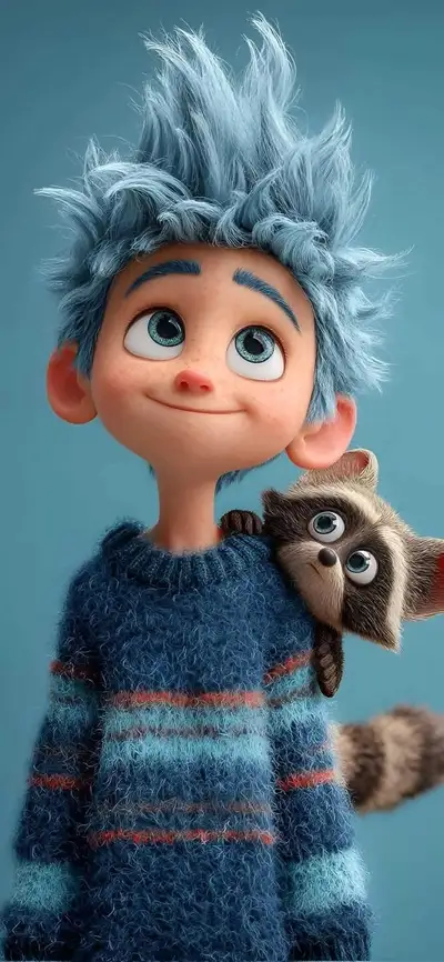 3D animated boy with a raccoon on his shoulder