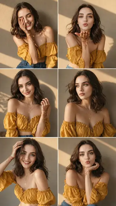 Collage de portrait à l'heure dorée en six poses, crop top moutarde