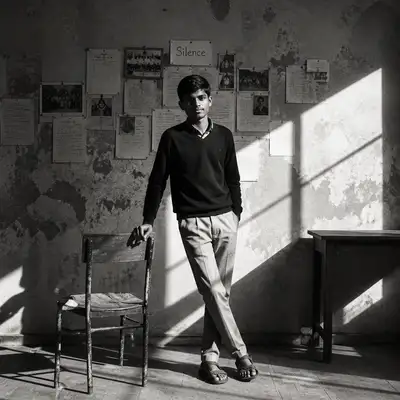 Einsamer Mann in abgenutztem Klassenzimmer - Dokumentarfoto