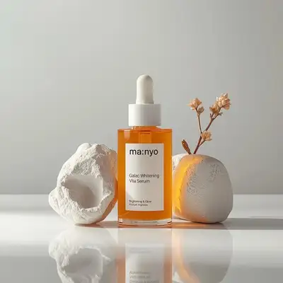 Tilted editorial serum bottle shot with internal stone glow