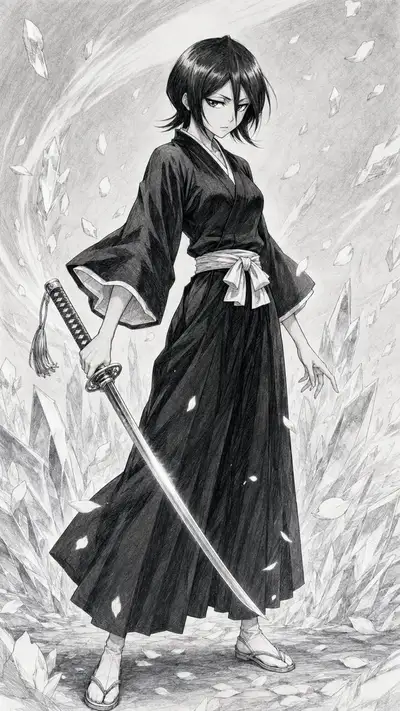 Pôster de personagem feminina de BLEACH em estilo lápis + Torii