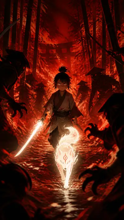 Blind Samurai Boy Follows a Spirit Fox Through Burning Bamboo